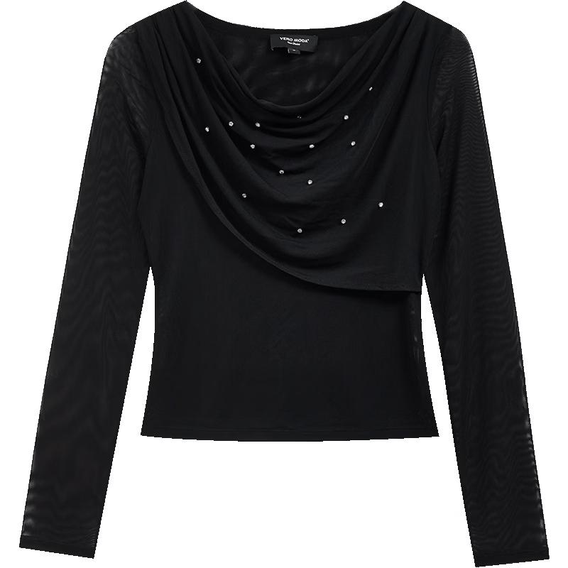VEROMODA Women s Mesh Rhinestone Cowl Neck Long Sleeve Top M чёрный