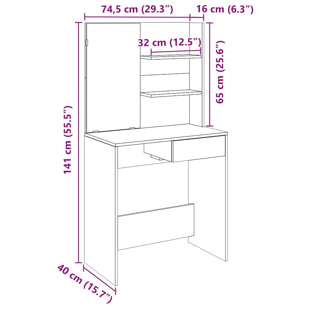 Makeup Table with Mirror Vintage Wood Effect 74.5 x 40 x 141 cm