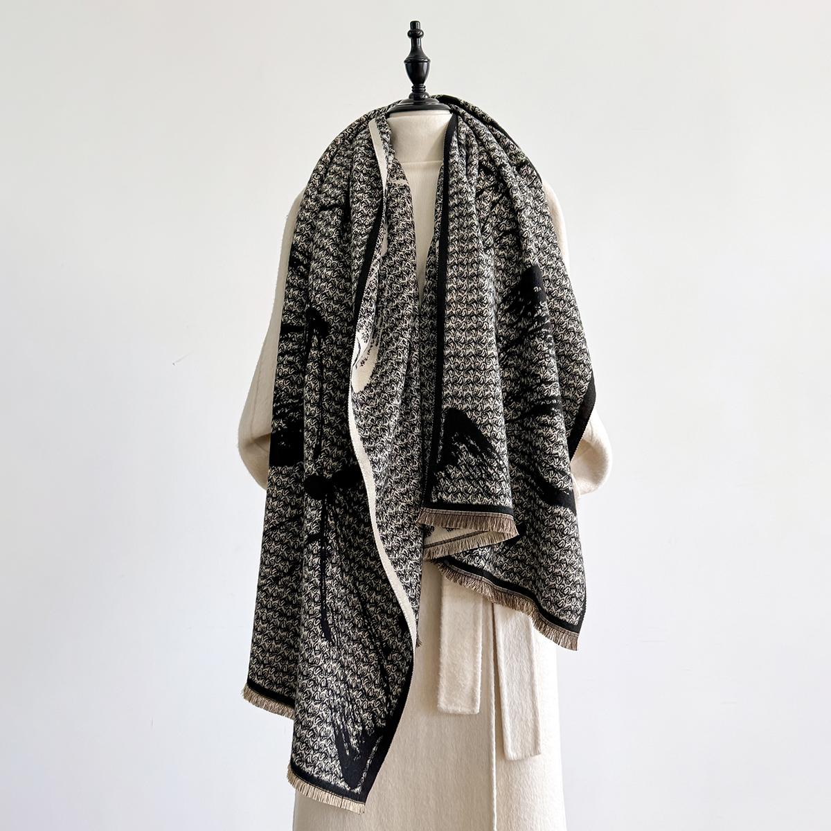 

Женский элегантный двусторонний жаккардовый шаль-пашмина с цветочным узором - Зимний толстый теплый с кисточками, непродуваемый, ветрозащитный шарф-одеяло