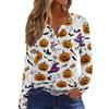 Women's Casual Long Sleeve T-Shirt with Halloween Print V-Neck Button for Parties