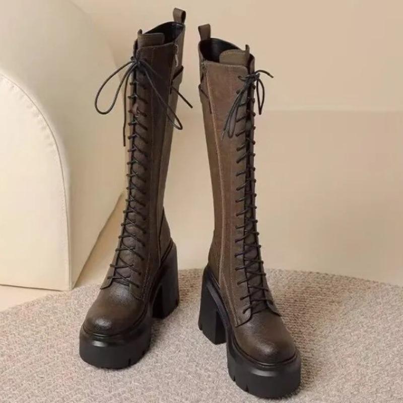 Knight Boots Women Autumn Winter Round Toe Side Zip Lace-Up Belt Buckle Skinny Platform Heels