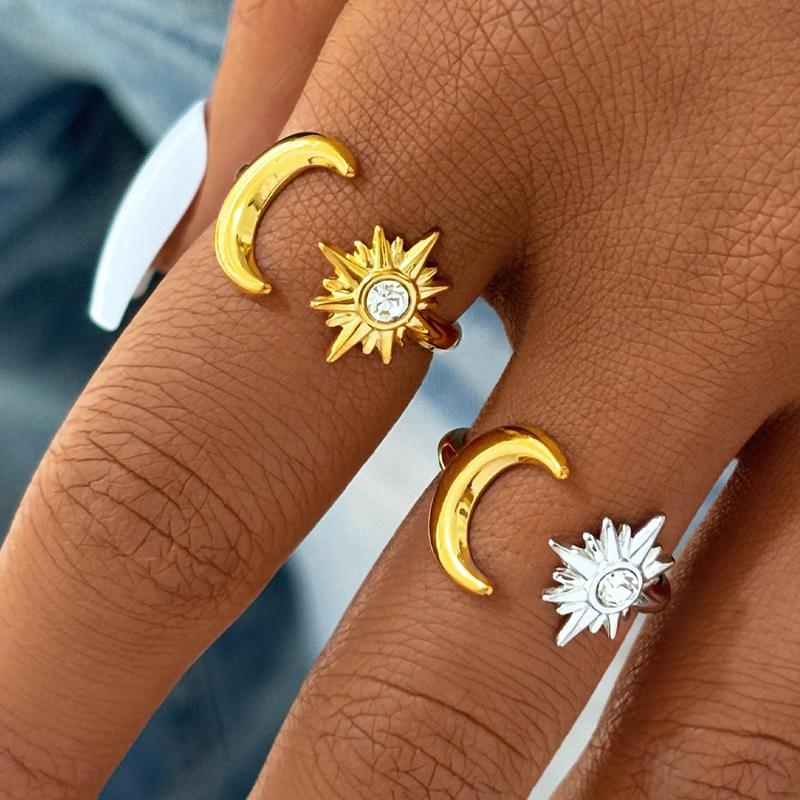 Luxury Stainless Steel Ring for Women Design Gold Color Stars Moon Inlaid with Zircon Adjustable Stacked Rings Banquet Jewelry
