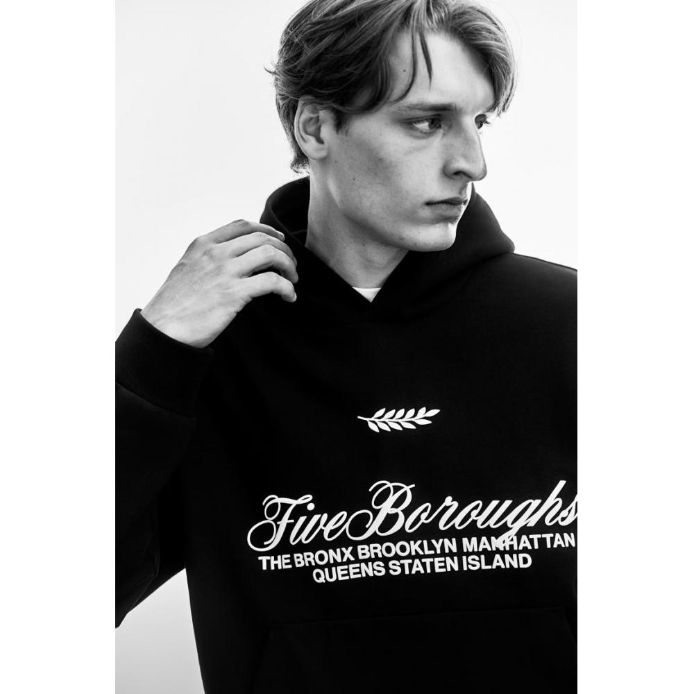 H M Loose Fit Printed Hoodie Black Five borougHs
