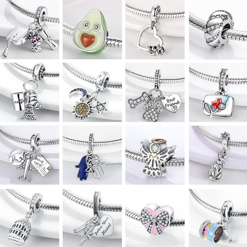 New 925 Silver Snake Coffee Cup Dog CZ Cactus Charms Beads Fit Original Women Bracelet Fine Silver Jewelry Gift