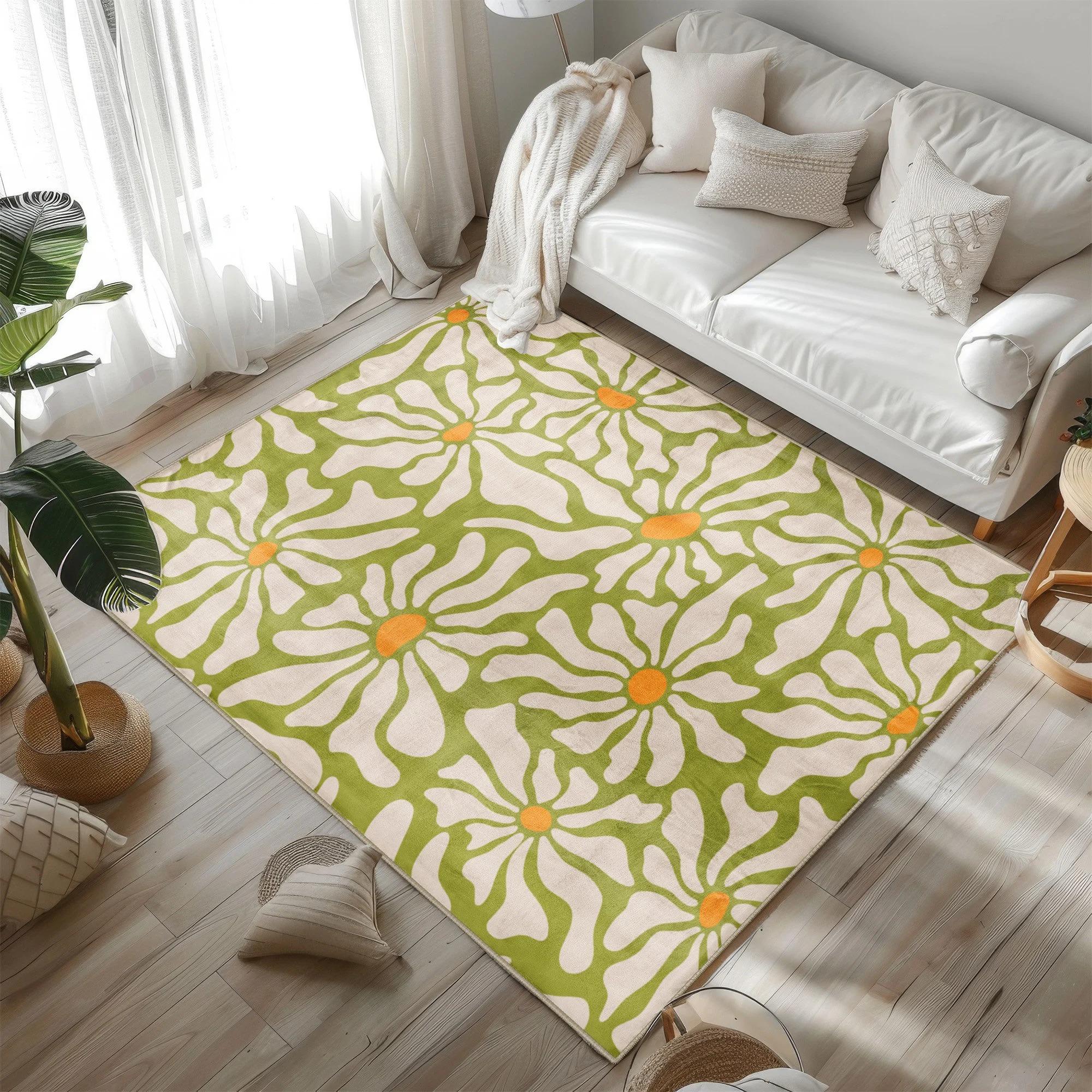 

Green Groovy Flower Rug Bohemian Decor Carpet Mid Century Modern Y2K Living Room Bedroom Decorative Door Mat 40X60cm-16x24in