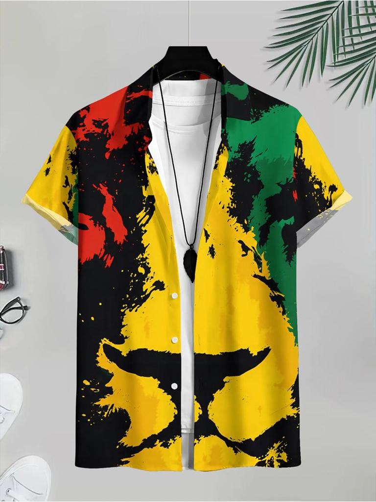 Men's Casual Short - Sleeved Button - Shirt, Mixed Color, Multiple Specifications Available, Polyester Material, Vibrant Abstract Design, Suitable