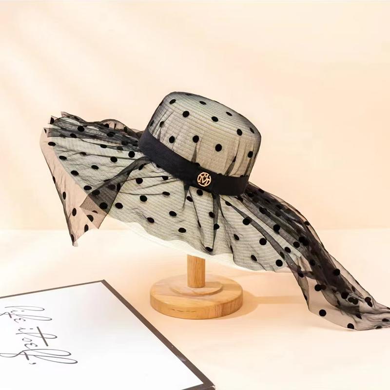 Summer Elegant Dot Mesh Straw Hat Women Wide Brim Sun Protection Beach Hat 2025 New Floppy Foldable Sun Hats for Women Ladies