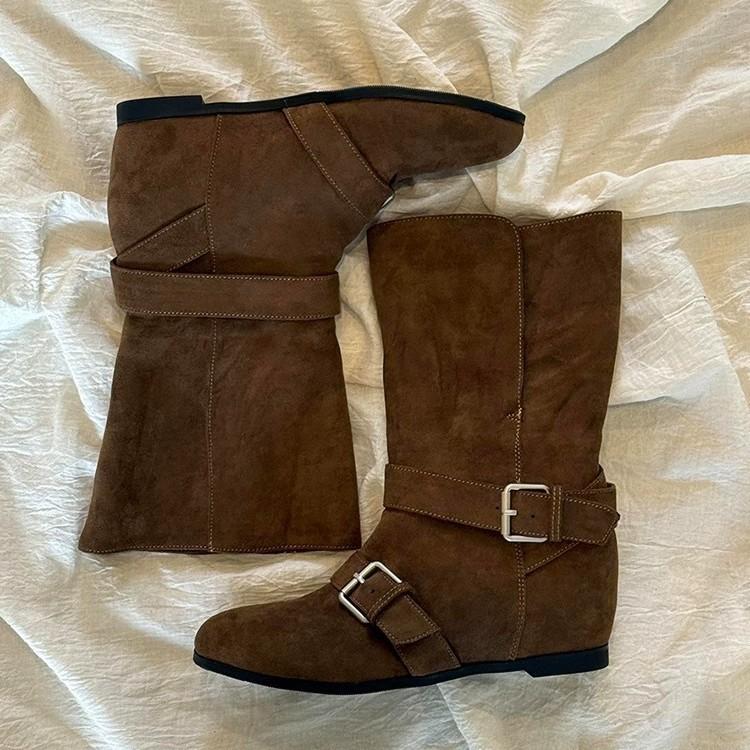 Sheepskin Version~ Korean Round Head Belt Buckle Inner Height Increase Flanging Two Wear Medium Boots Women's Western Cowboy Boots Martin Boots