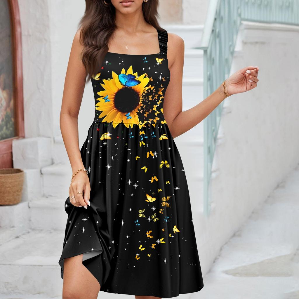 Damen Sommer Casual Square Neck Kleid mit Taschen Süßes ärmelloses A-Linien-Westen-Midikleid mit hoher Taille