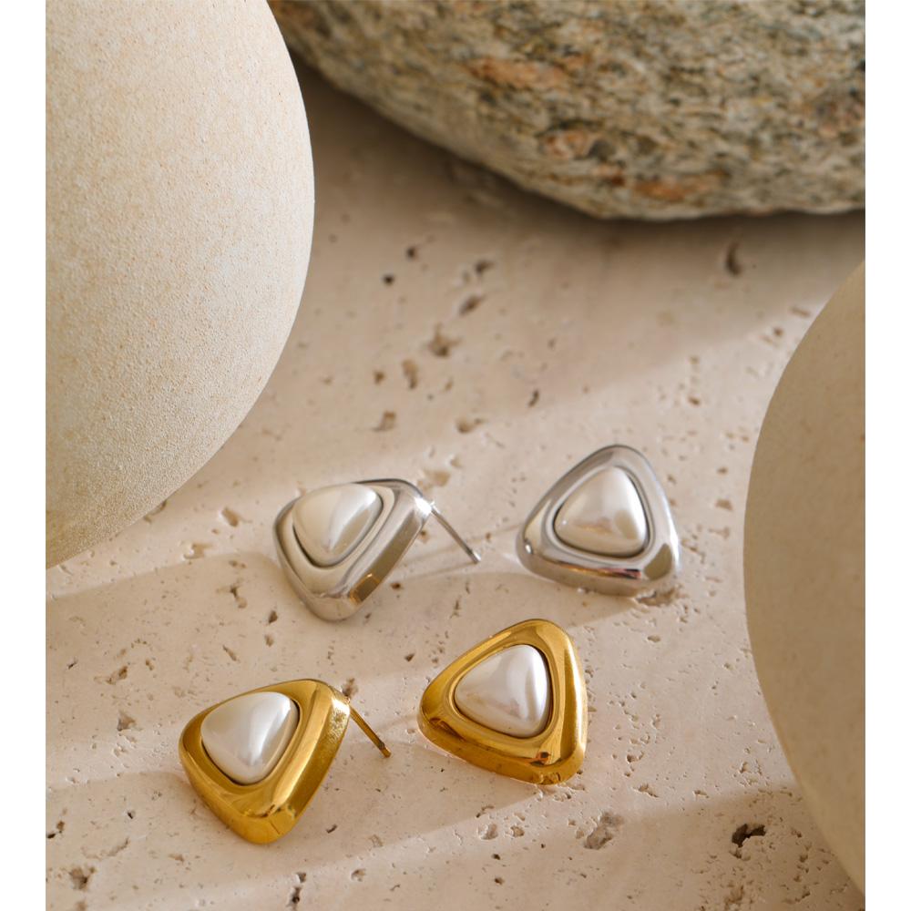 Yhpup 2025 Stainless Steel Imitation Pearls Triangle Stud Earrings Arrivals Elegance Chic Korean Trendy Exquisite Jewelry Women