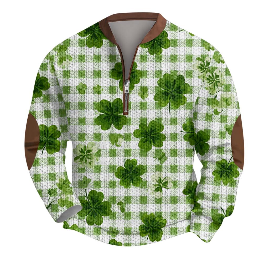 Mens Christmas Sweater Zip Up Sweatshirts Vintage Knit Graphic Sweatshirt St. Patrick's Day Stand Collar Pullover