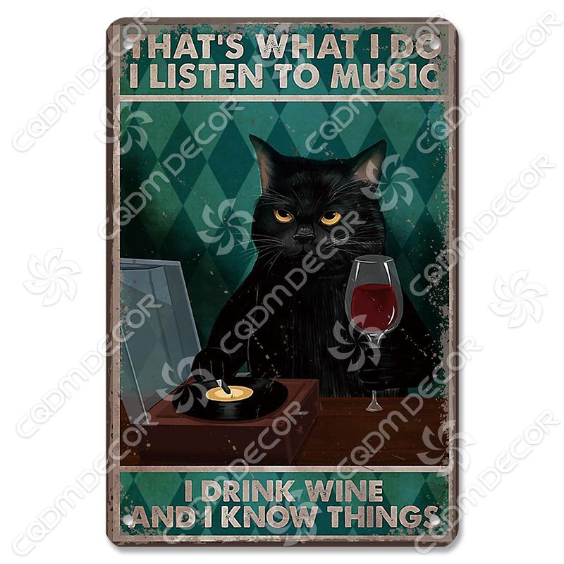Black Cat Tin Sign Metal Plaque Read Books Drink Wine Pet Metal Poster Vintage Wall Decor for Coffee Shop Kitchen Bathroom Home