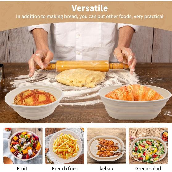 Sourdough Bread Baking Supplies, Set of 2 Silicone Banneton Bread Proofing Baskets, 9 Inch Round & 10 Inch Oval Foldable Proofing Baskets, Optimum