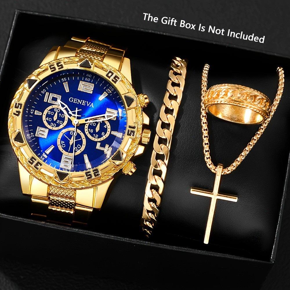 Geneva Blu-ray Glass Men's Watch Steel Belt Quartz Watch Three-eye Business Leisure Watch