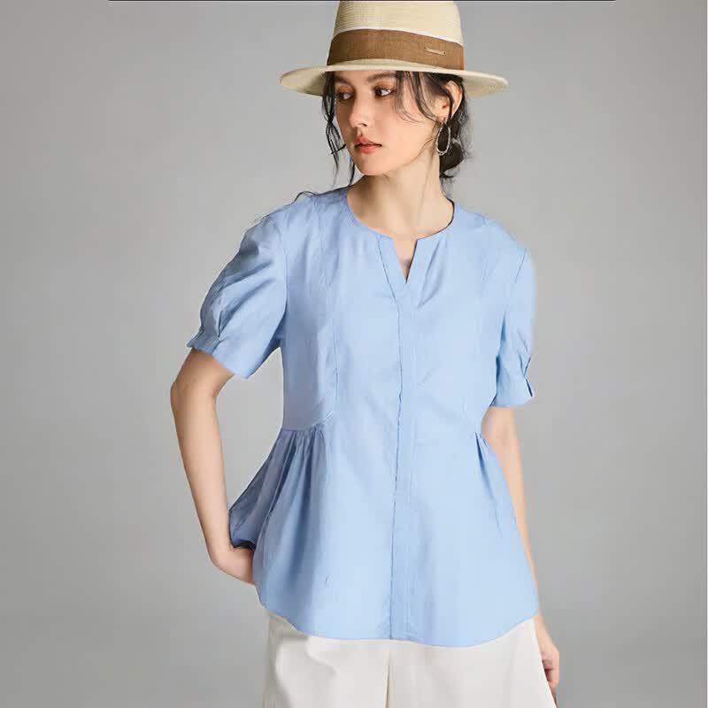 Women s French V-Neck Pleated Cotton Short Sleeve Shirt M