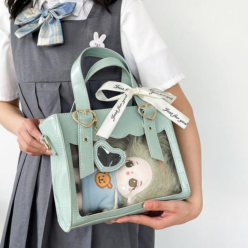 Sweet Cute Laced Bow Heart Charm Ita Bag Women Anime Crocodile Shoulder Bag Ladies Transparent Leather Large Capacity Handbag