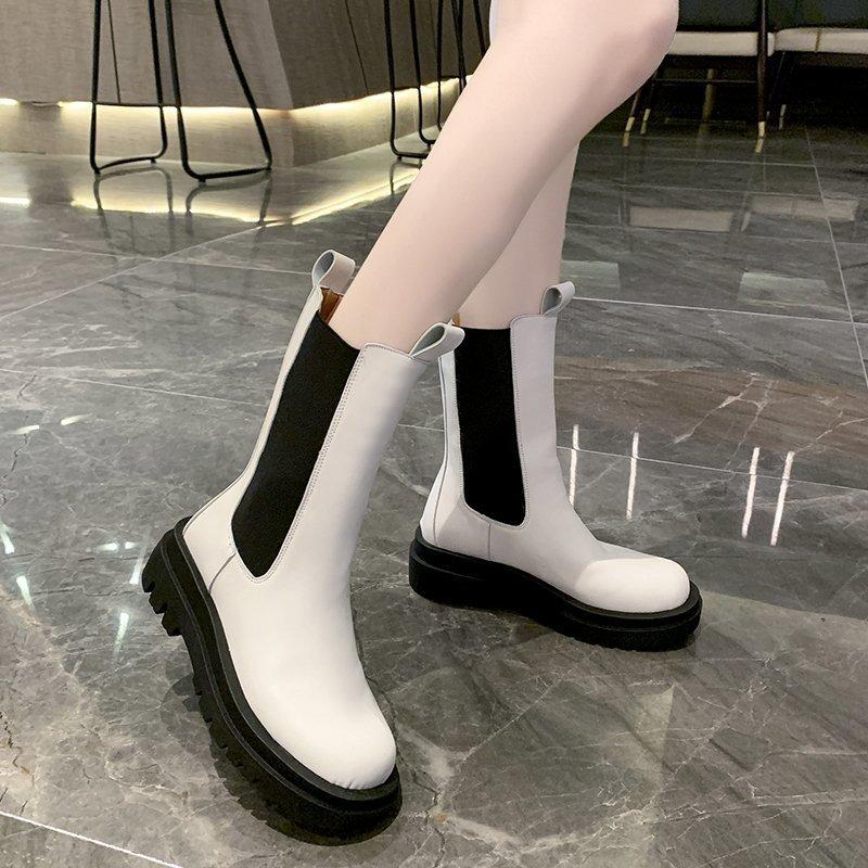 Chelsea Boots Handsome Locomotive Cigarette Tube Short Boots Women's New Autumn and Winter Medium Tube Black Martin Boots Women