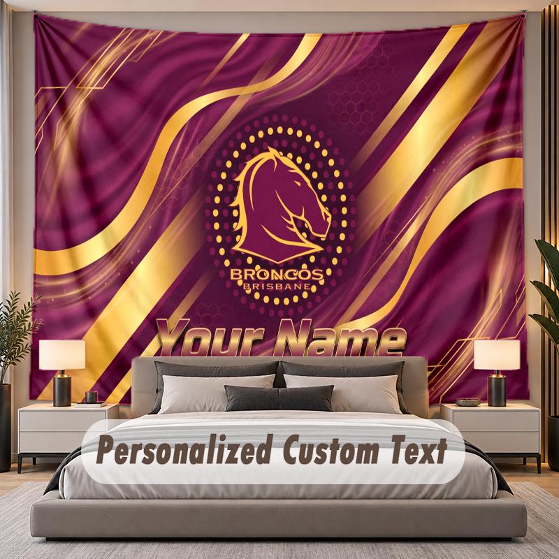 Custom Name Text Tapestry Brisbane Broncos Personalized Polyester Wall Tapestry For Bedroom And Room