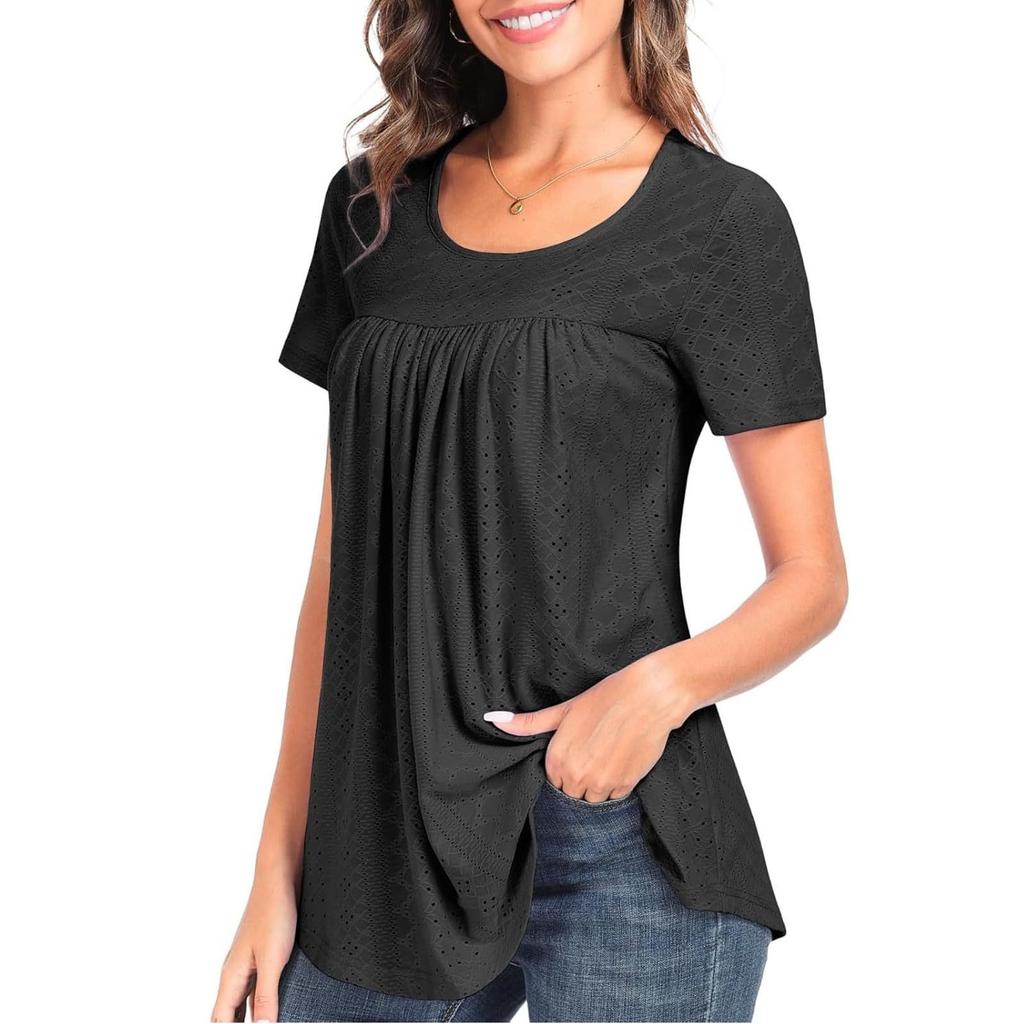 Women Casual Hollow Out Short Sleeve T Shirt Round Neck Loose Fit Lightweight Breathable Summer Top