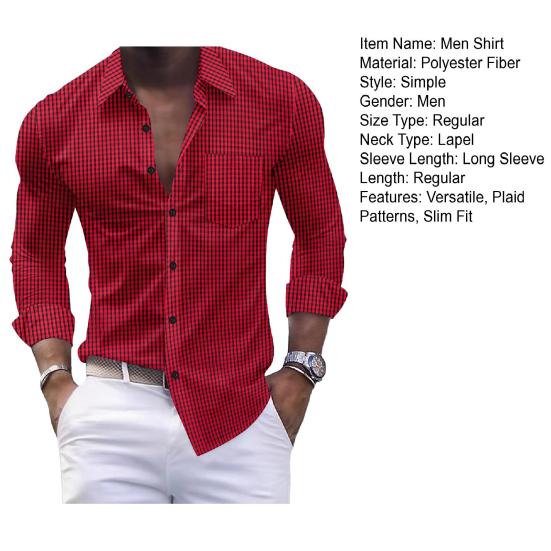 Men Plaid Dress Shirt Long Sleeve Button Down Shirt with Pocket Slim Fit Lapel Casual Formal Shirt for Prom Work Parties Dating