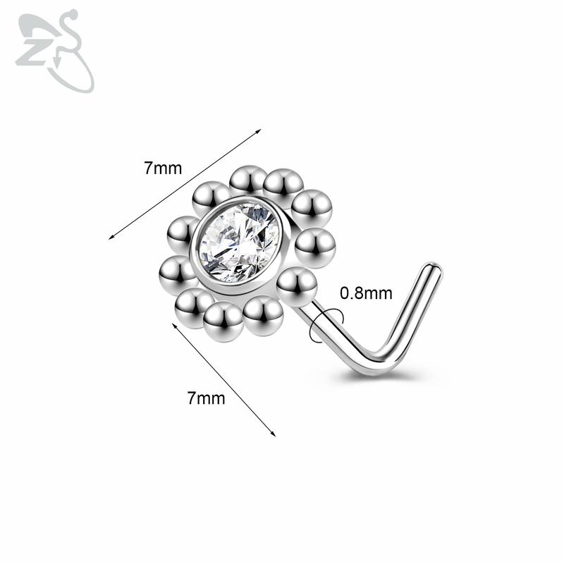 ZS 1 Piece Cute CZ Crystal Nose Stud L-Shape 20g Stainless Steel Nose Piercings Flower Moon Heart Shape Zircon Nostril Piercing