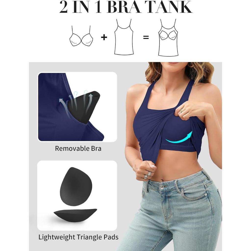 Chamleaks Women's Tank Top with Built In Bras Adjustable Wide Strap Padded Camisole Summer Cami Shirts