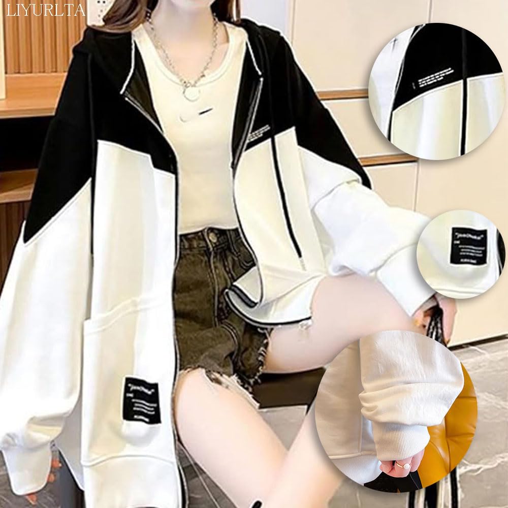 LIYURLTA Loose Fit Hoodie with Fleece Stylish Outerwear for Spring and LIY69 Women's Zip-Up Lining, Autumn, (2XL, Gray)