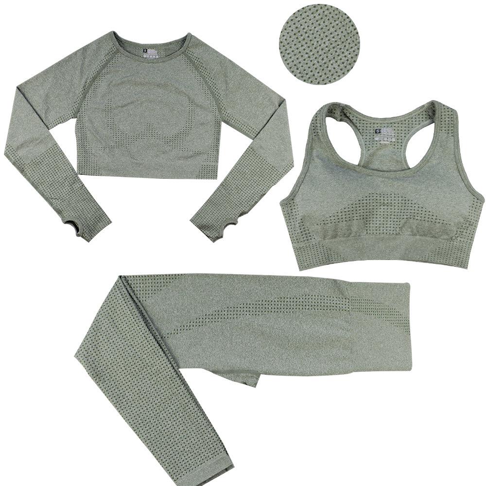 Sömlöst Jacquardprickigt Yogaset: BH, Långärmad Topp & Byxor för Kvinnor