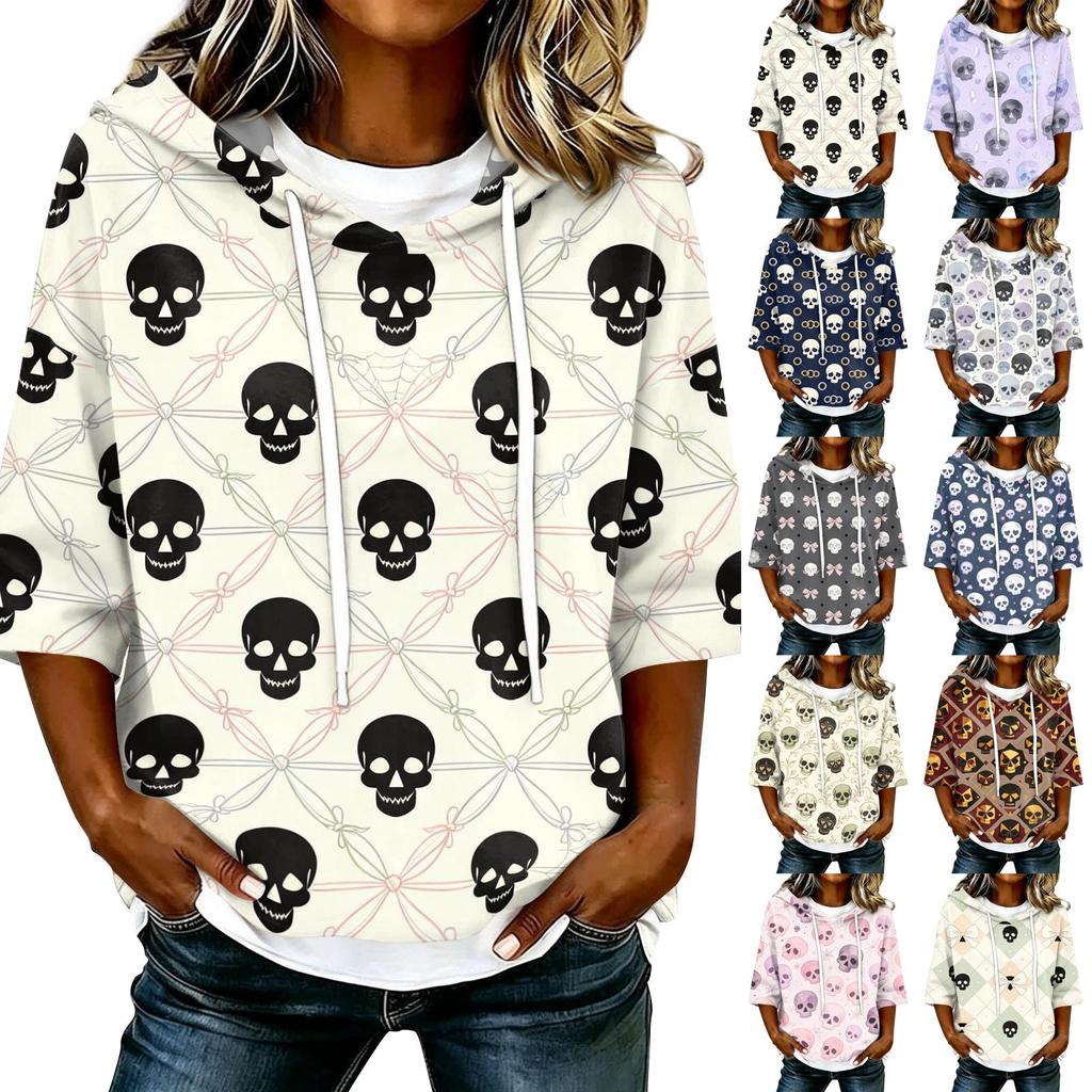 Women's Halloween Printed Hooded 3/4 Sleeve Casual Loose Fit Pullover