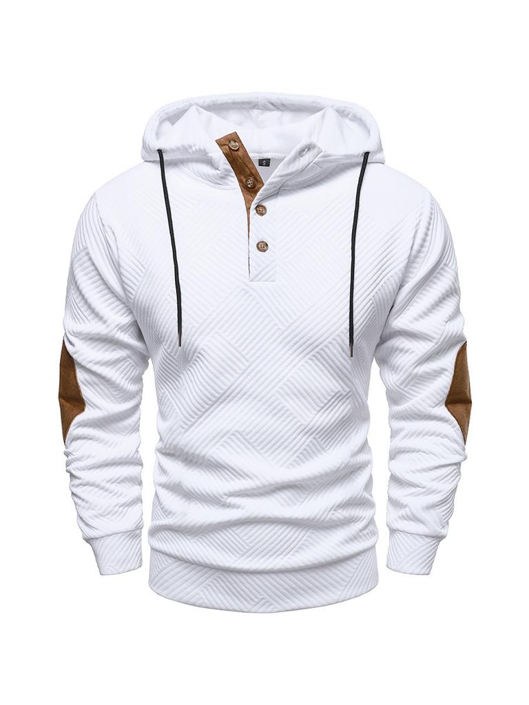 Herfst Nieuw Heren Casual Getextureerd Hoodie met Knoopsluiting & Elleboogstukken Mode Sportkleding Heren Bovenkleding