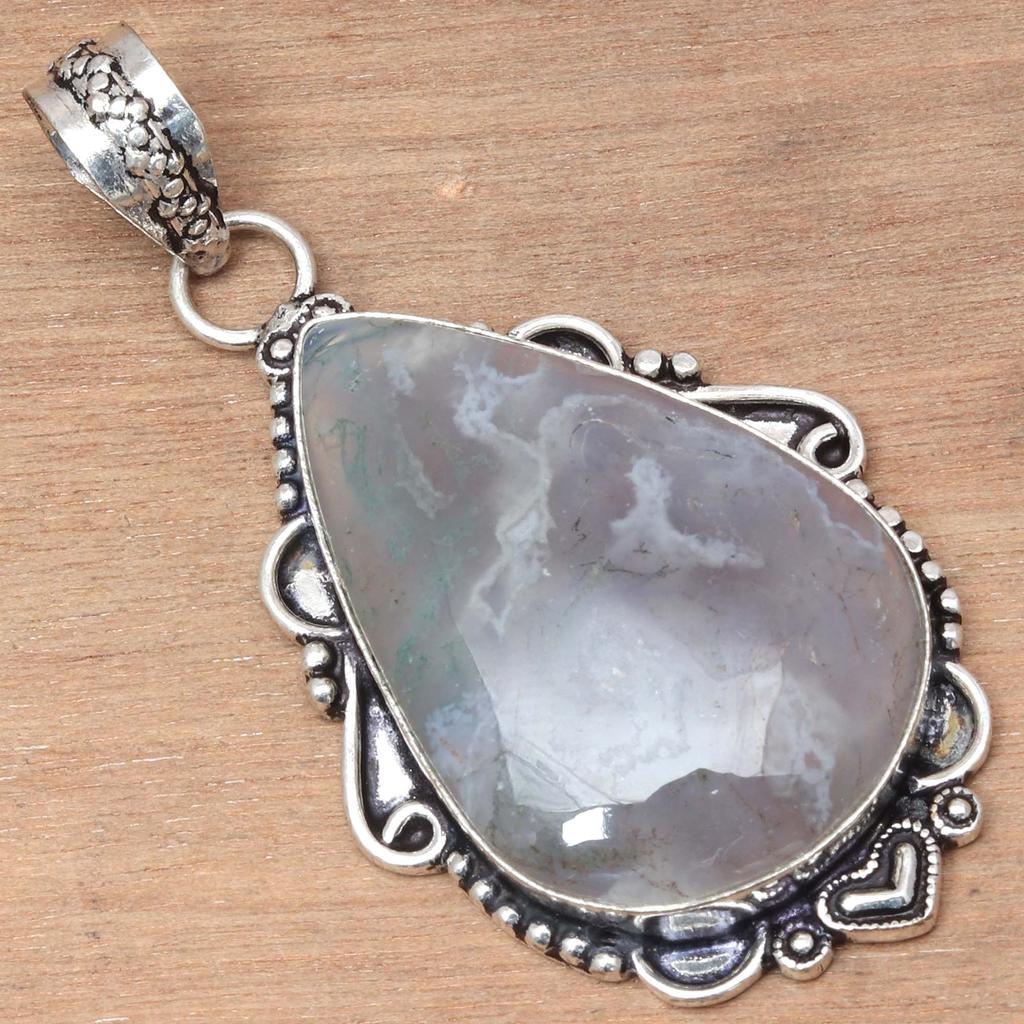 Anhänger Moosachat Edelstein Valentinstag Ethnisch Silberschmuck 2,25"