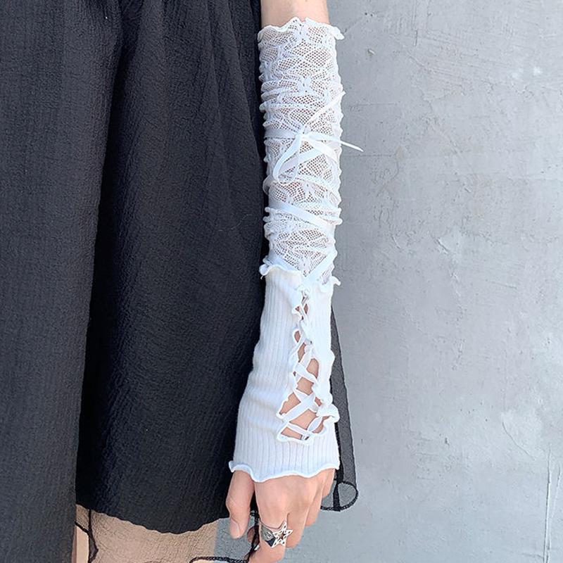 1Pieces Lolita Strapping Bow Fishnet Lace Fingerless Gloves Floral Elastic Mesh Handwear Mountaineering Gloves