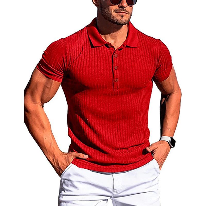Men's Running Fitness Clothing Summer High Elasticity Vertical Stripe Short Sleeved Polo Shirt Slim Fit Knitted Base T Shirt