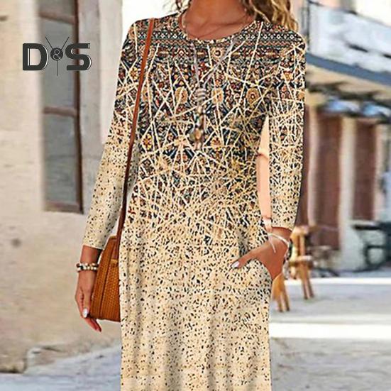 Podzim Jaro Dámské šaty O-výstřih s kapsami Dlouhý rukáv A-linie Tisk Volné Nepravidelný lem Rande Dojíždění Maxi šaty