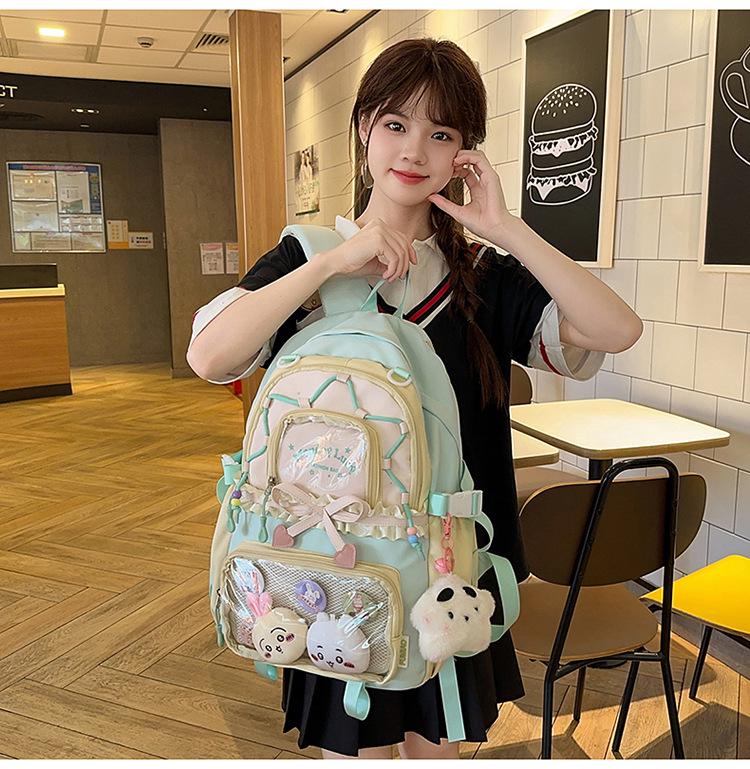 Women's Color Block College-Style Backpack with Ballet Ruffle Lace Design