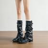 Kleiner Mann aber kniehohe Stiefel mit dicker Sohle Damen 2025 Herbststiefel dicker Absatz Schnalle Gürtel mittelhoher Schaft Faltenstiefel Damen