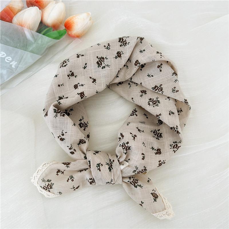 Cotton Linen Lace Edge Square Scarves 60cm Kerchief Neckerchief Bandanas Women Casual Neck Scarf Plaid Print Geometric Pattern