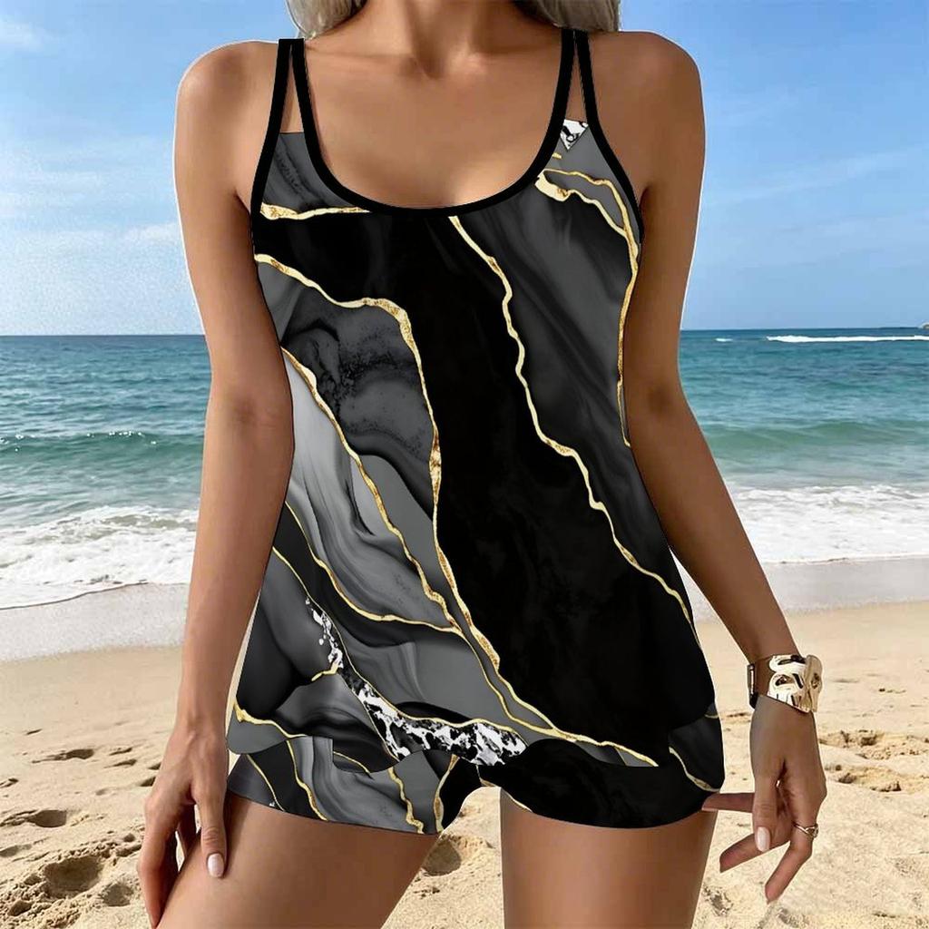 Women's Swimwear Tankini 2 Piece Swimsuit Fluid Marble Pattern Vacation Bathing Suits