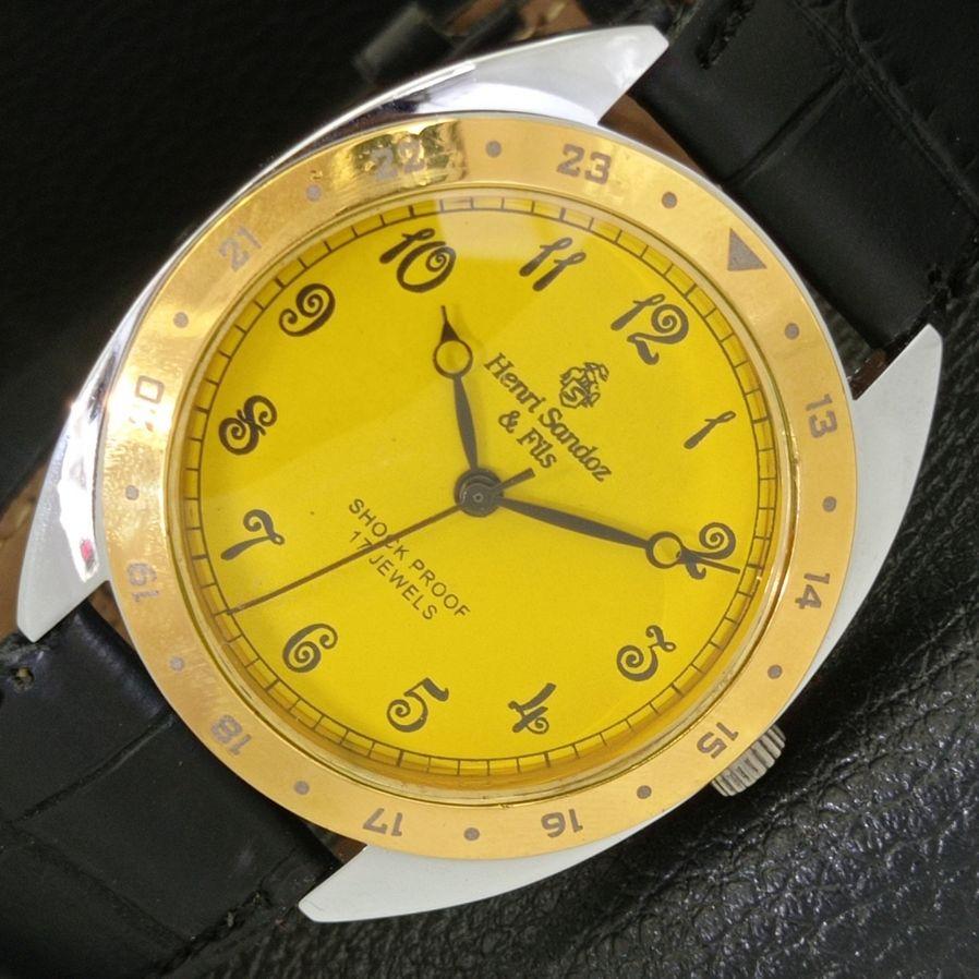 

HENRI SANDOZ & FILS HAND-WINDING SWISS MENS YELLOW DIAL WATCH a430204-2 R102-a430204