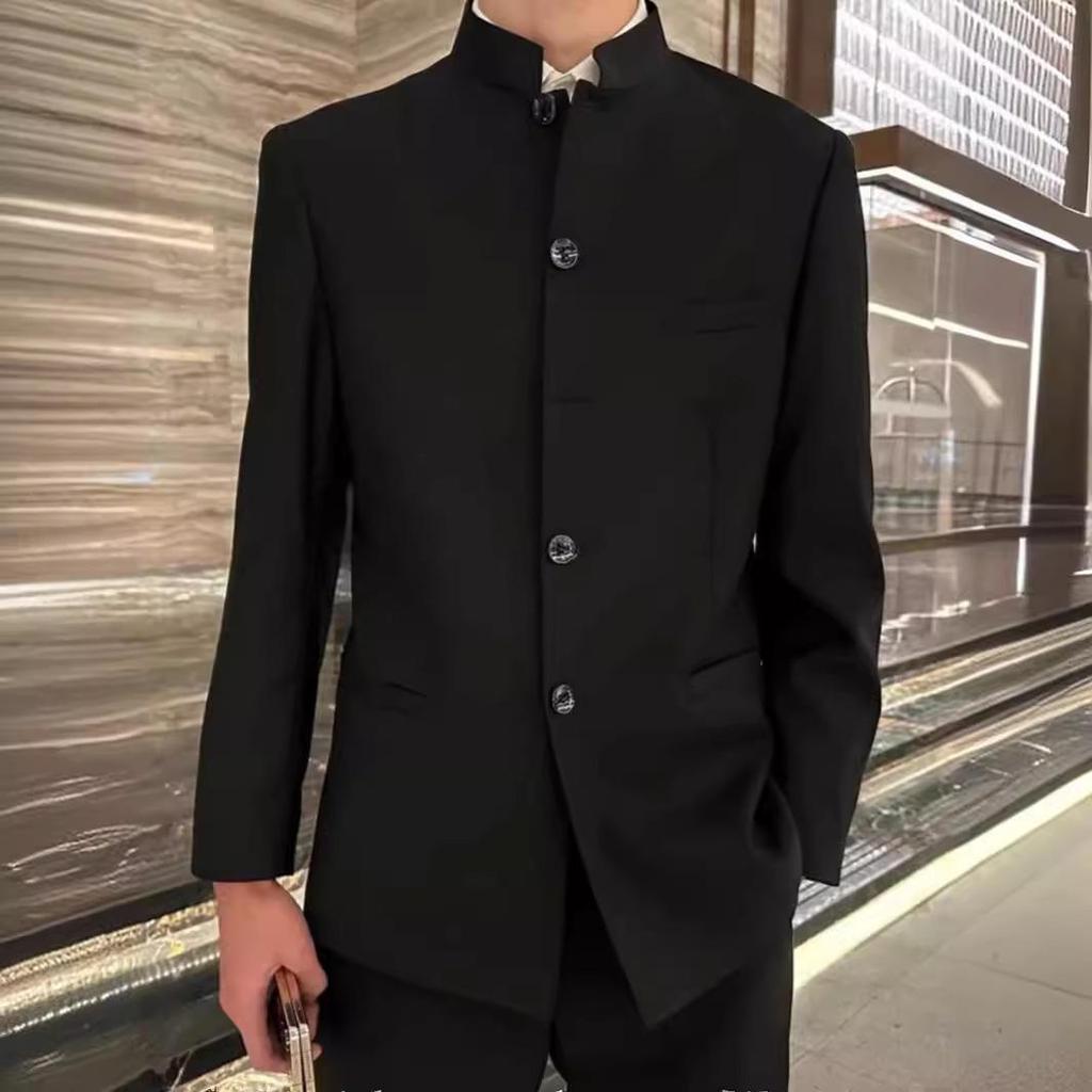 Men's Business Casual Stand Collar Solid Color Tang Suit Jacket