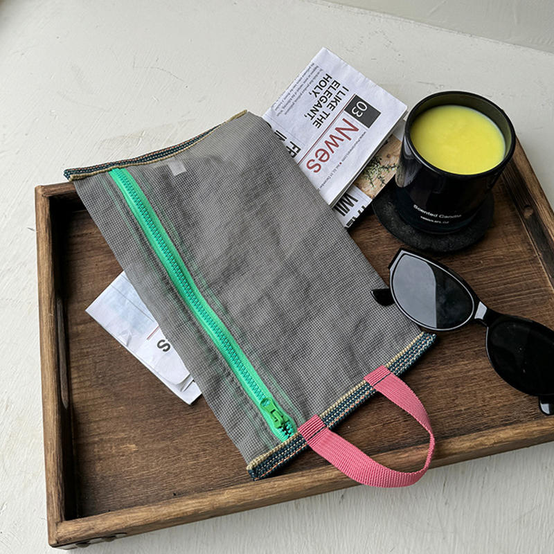 Translucent Mesh Storage Bag Portable Zipper Handbag Functional Cosmetic Pouch Pencil Case Documents Paper Organizer