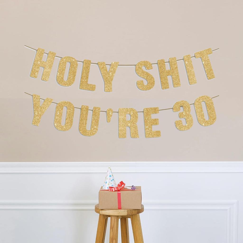 Happy 30th Birthday Decorations for Her & Him, Funny 30 Year Old Party Sign for Women & Men, Pre-Strung 30th Party Banner - Gold Glitter