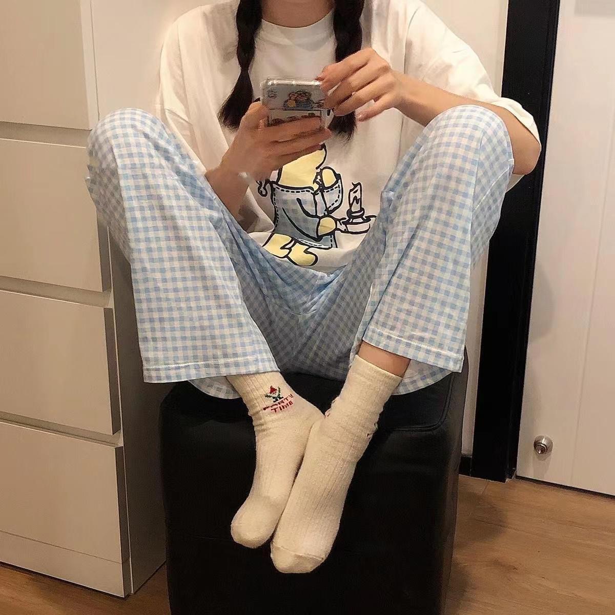 

Женские свободные клетчатые пижамные брюки на весну/лето: Легкая, противомоскитная конструкция для ношения дома и на улице. XXL for 125-140 catties