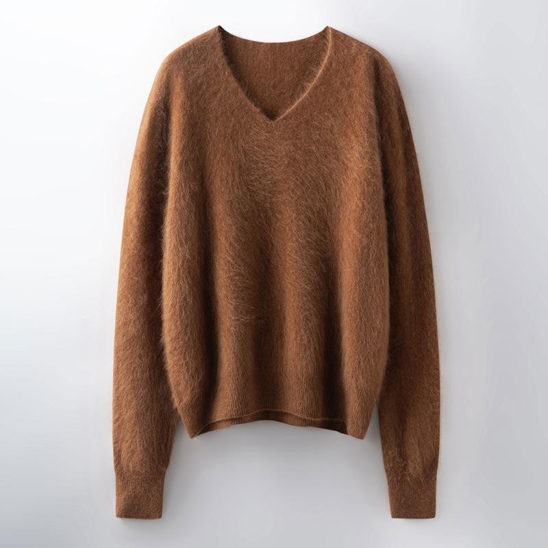 Women's Brushed Wool V-Neck Long-Sleeve Sweater: Autumn/Winter Loose Slimming Knitted Pullover Top