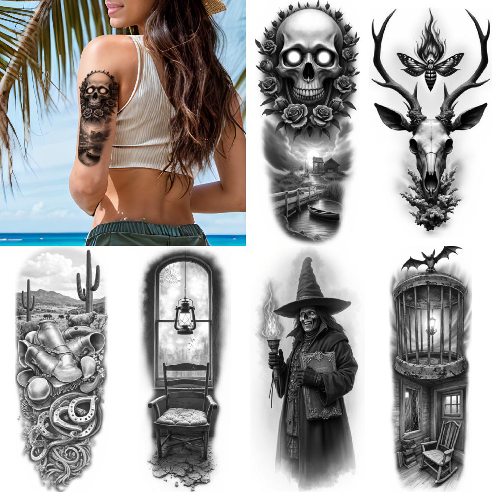 3pcs Temporary Tattoo Waterproof Long-lasting Body Stickers Caged Bat Pocket Watch Witch Illustration For Thighs Women Arms