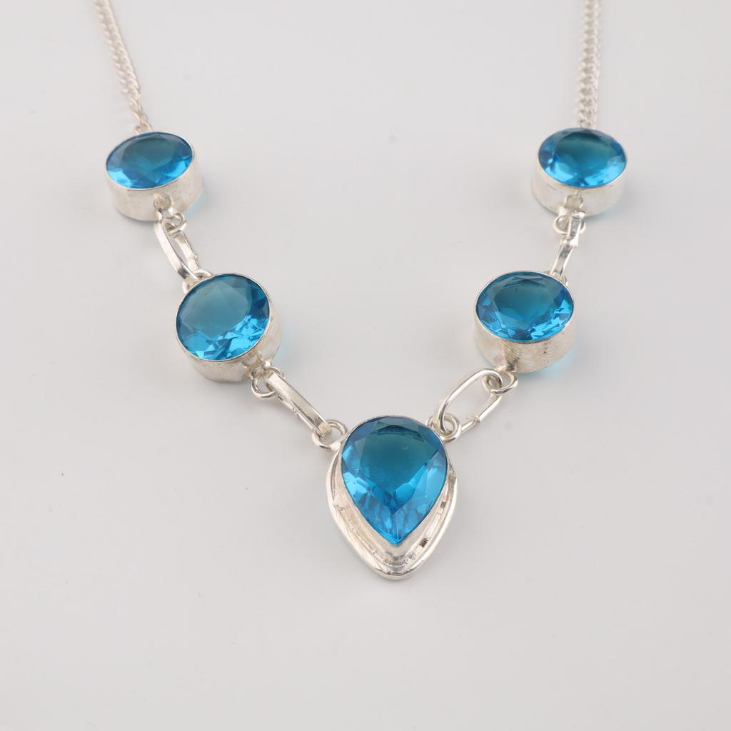 Naturlig Schweizisk Blå Topas Ädelsten Silverhalsband 925 Sterling Silver Handgjort Halsband 16-18' För Henne RN-3-12