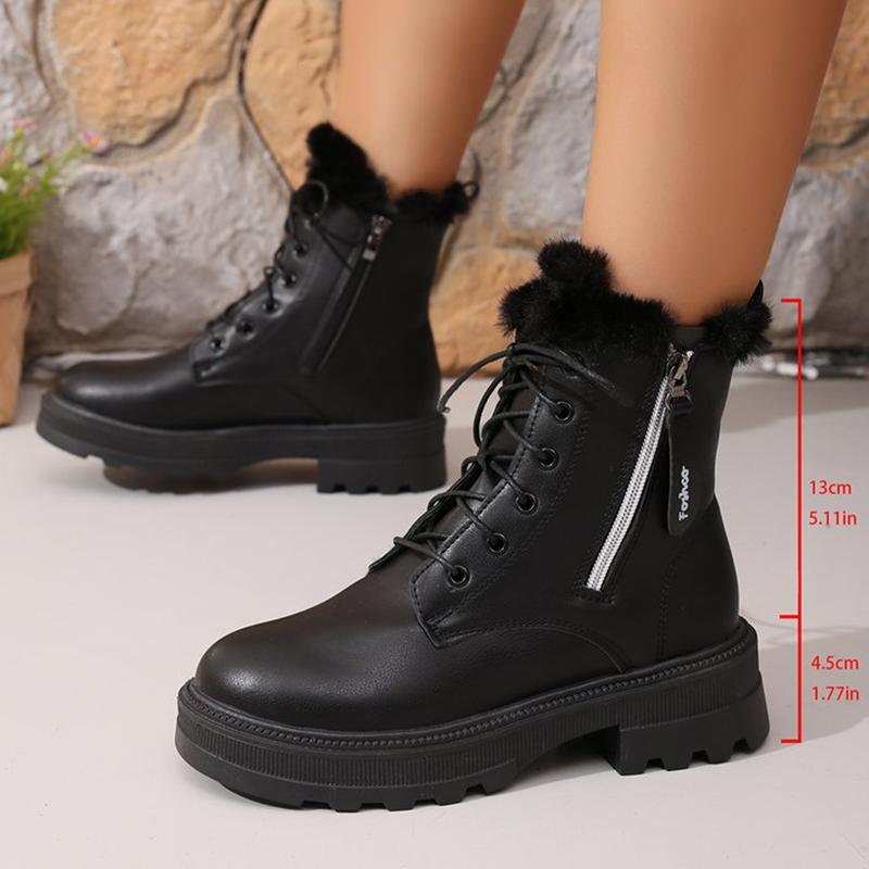 

Autumn Winter Short Plush Ankle Boots Women Fashion Zipper Black Pu Leather Motorcycle Boots Woman Lace Up Platform Botas Mujer 41
