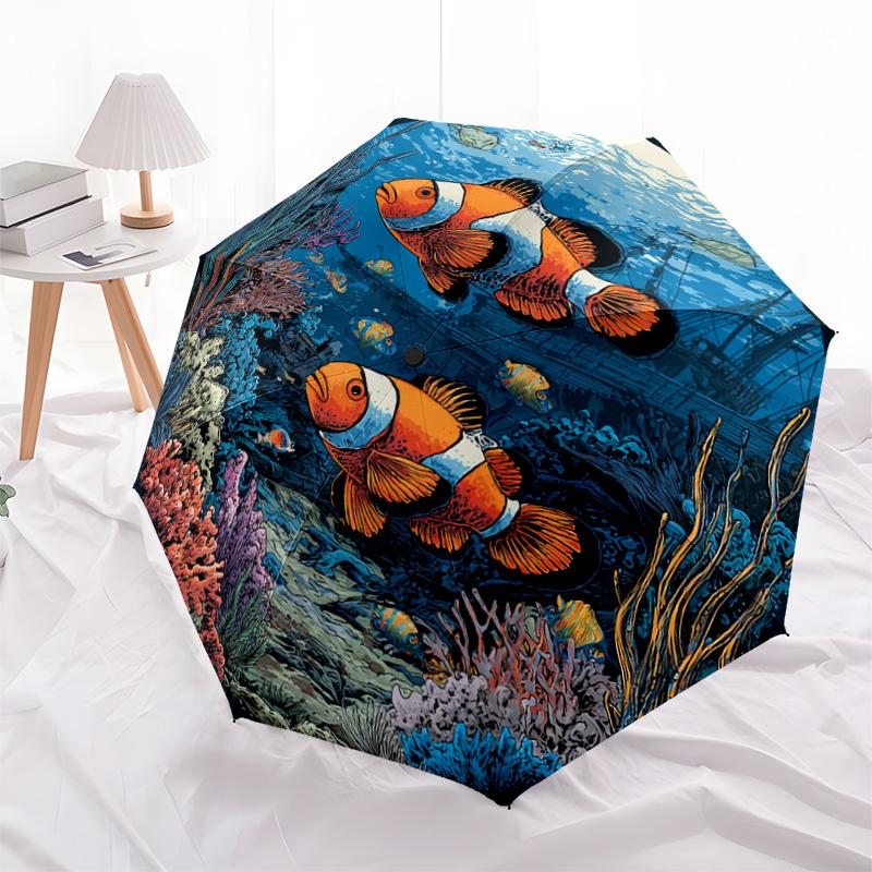 1 Stück Automatischer Faltregenschirm - Clownfisch-Muster, Tragbares & Faltbares Design mit 8 Speichen, Weihnachts-Geburtstagsgeschenke