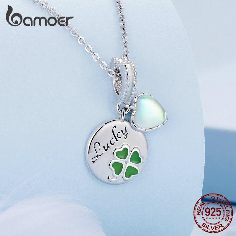 Bamoer 925 Sterling Silver Four-leaf Clover Hanging Bead Green Heart Pendant Charms for Women Bracelet DIY Fine Jewelry