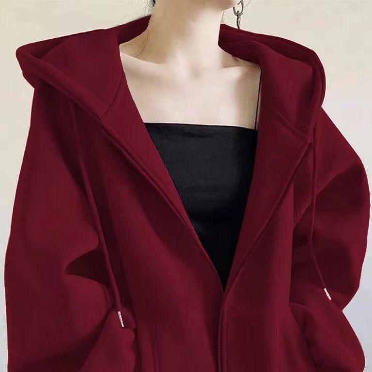 Autumn Winter Women's Fleece Sweatshirt Thickened Hooded Zip-up Loose Sweatshirt